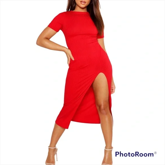 Boohoo Dresses Boohoo 4 Dress Jumbo Rib Split Side Midi Red Short Sleeve Poshmark